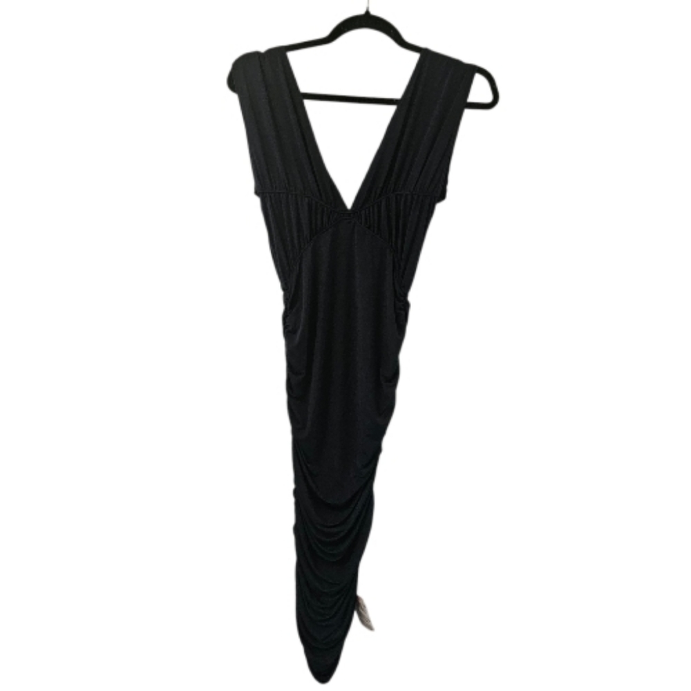 Navy Blue ASOS Design Women's Deep Plunge Seamed Ruched Midi Dress